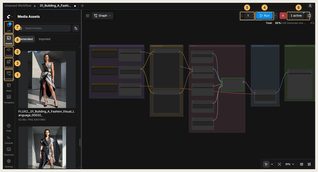 ComfyUI interface with eight controls numbered