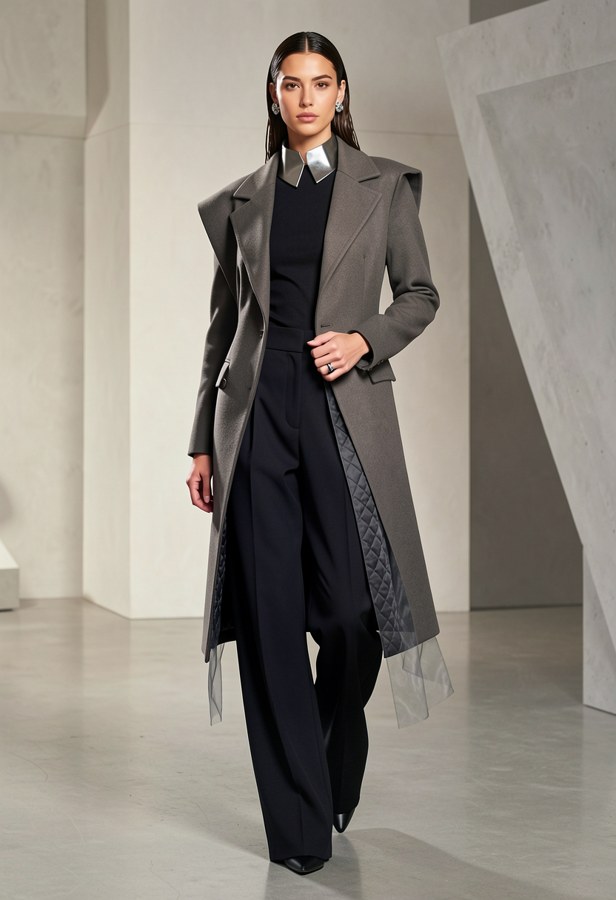 Four-step result: grey architectural coat with a metallic collar in a pale gallery