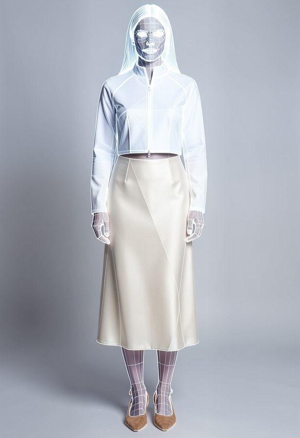 Blueprint-style fashion image made with the wireframe LoRA