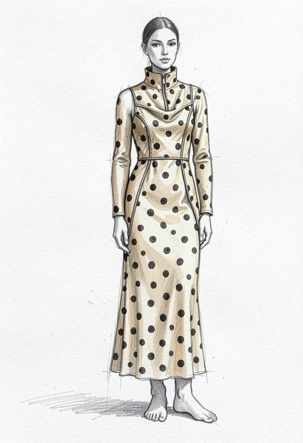 Graphite fashion sketch combining a long silhouette, panel construction and a spotted print