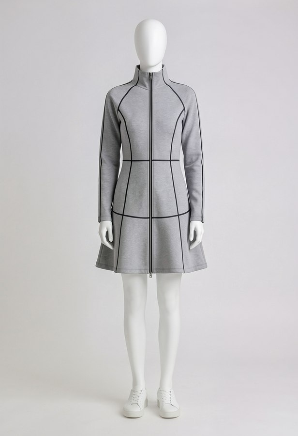Grey dress with dark seam lines on a white display mannequin, front view